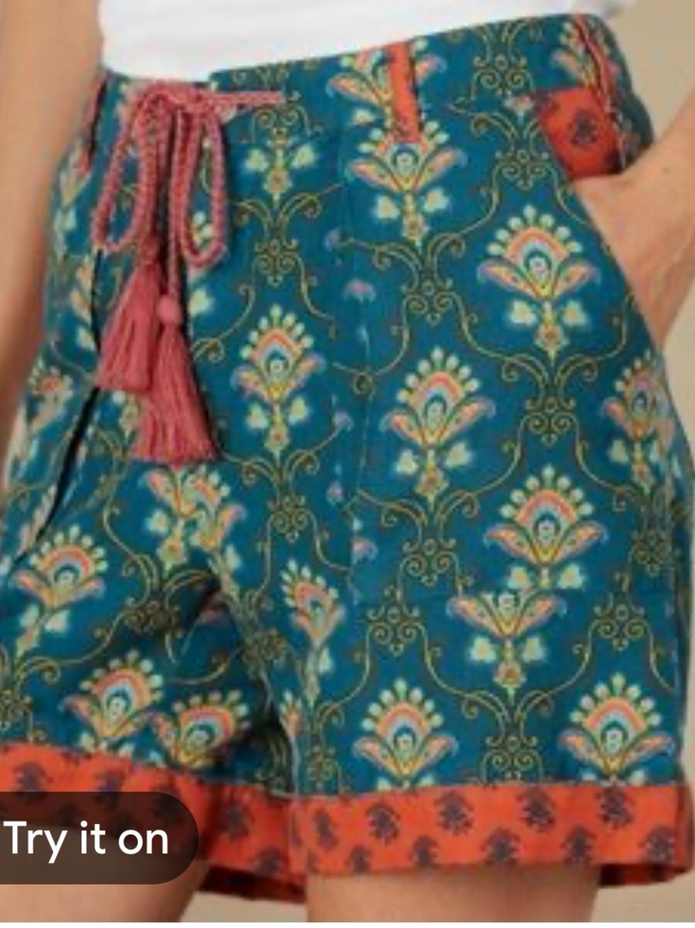 Sundance Teal Floral Print Shorts with Coral Tassel